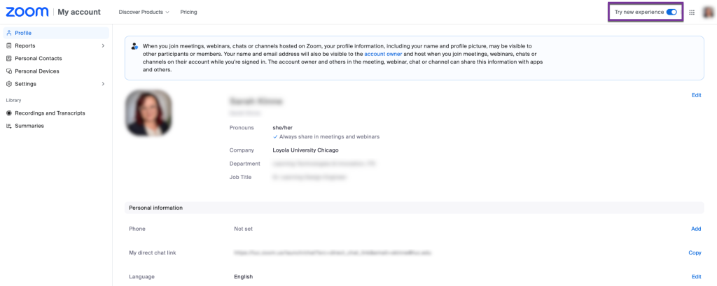 New Zoom web portal UI