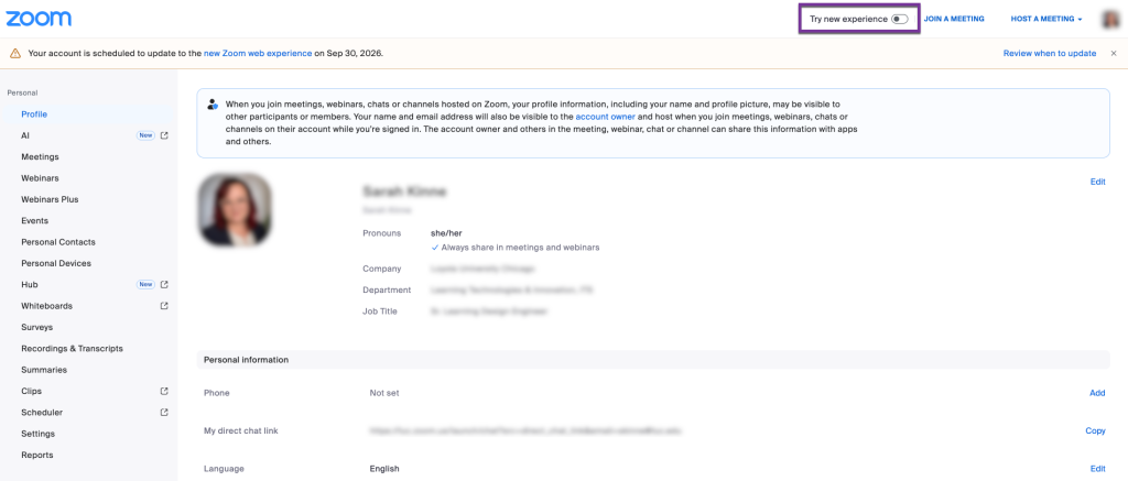 Old Zoom web portal interface