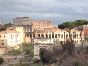 The view of the Colosseum from the Roman Forum.