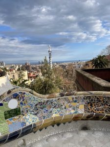 View over the city from Park Guell and the famous tiled benches!