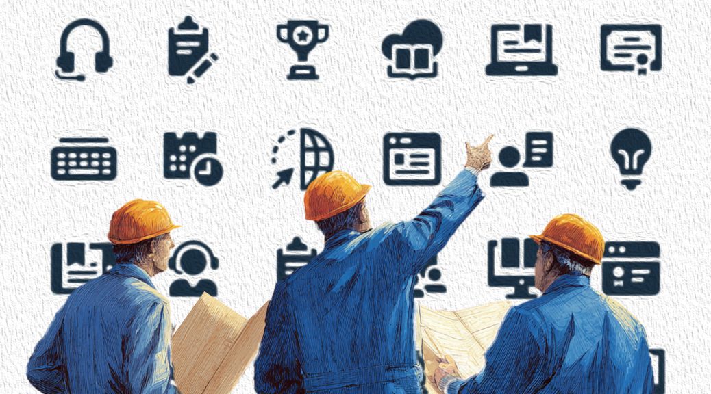 Three workers looking at learning management system icons