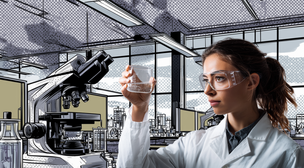 Student in a lab coat, goggles looking at a beaker